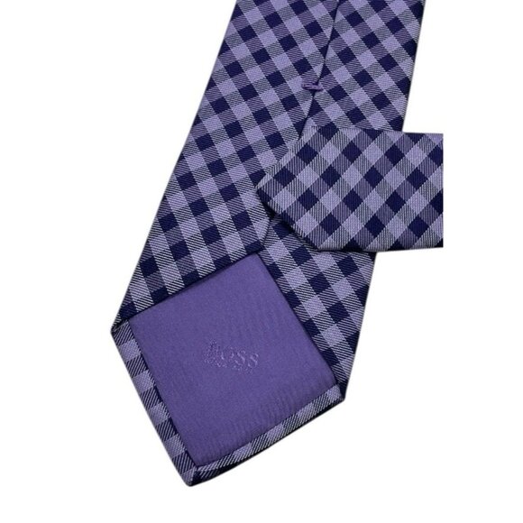 HUGO BOSS Men's 100% Silk Necktie LUXURY Tie Purple Tartan W:3" EUC - Picture 4 of 4